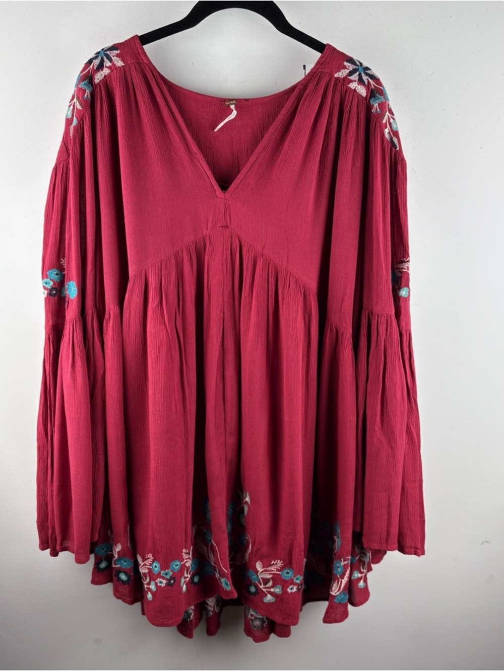 Free People Te Amo Floral Boho Mini Dress $148 Red XS Babydoll Embroidered Bell - Picture 3 of 10